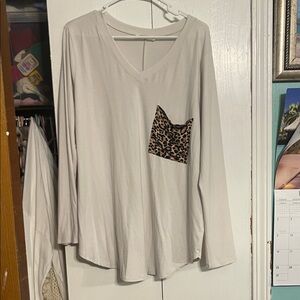 Zenana Outfitters Cream Long Sleeve Top with Leopard Accent